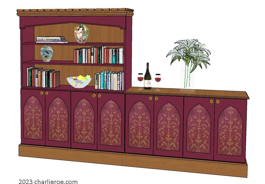 new William Wm Morris & Co Arts & Crafts Movement 4 door painted bookcase with attached sideboard