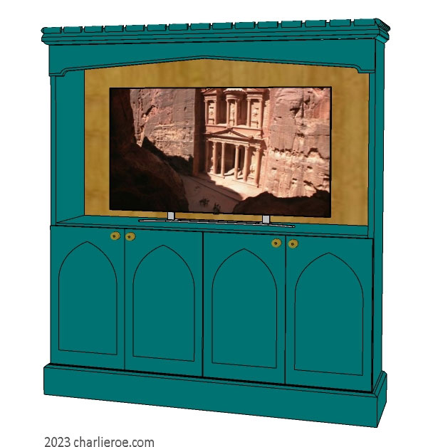 new William Wm Morris & Co Arts & Crafts Movement 4 door painted media centre & bookcase