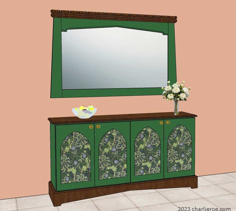 New William Wm Morris Arts & Crafts Movement Reformed Gothic painted mirror frame and matching sideboard