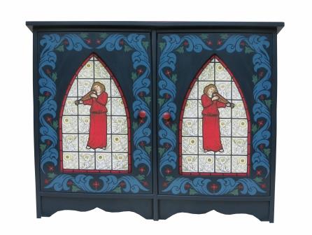 new William Wm Morris & Co. Arts & Crafts Movement painted 2 door sideboard with stained glass door designs
