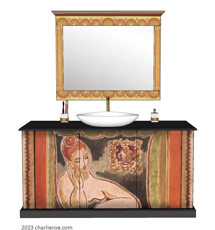 new Bloomsbury Group style painted 3 door bathroom vanity unit with hand painted doors design and sit-on sink