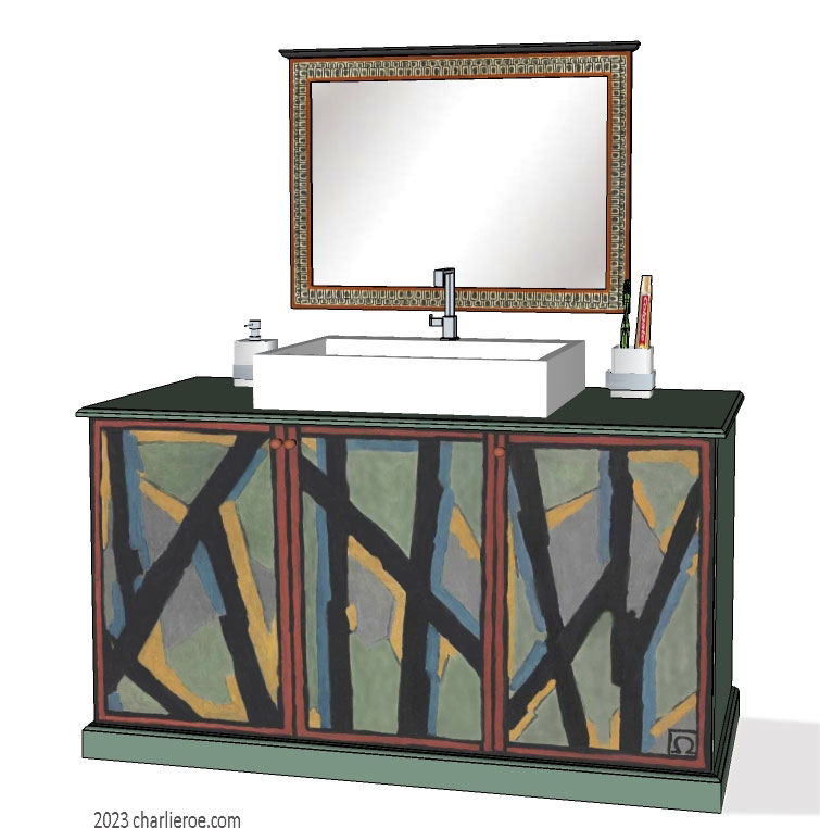 new Omega Workshops painted bathroom 3 door vanity unit with hand painted Abstract design and Omega style painted wall mirror