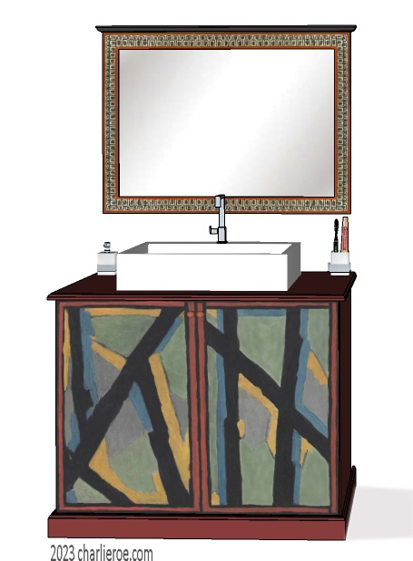 new Omega Workshops painted bathroom 2 door vanity unit with hand painted Abstract design and Omega style landscape painted wall mirror