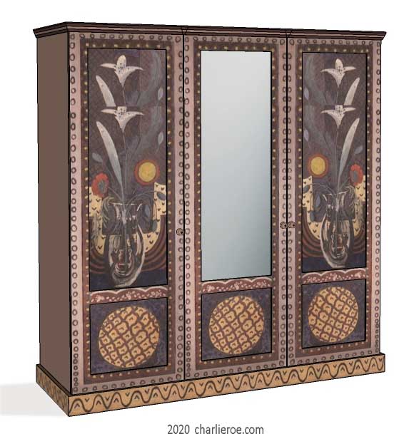 new Bloomsbury Group style painted 3 door bedroom wardrobe with decorative painting