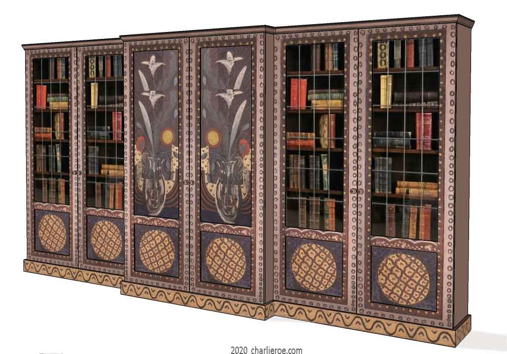 New Bloomsbury Group style painted 6 bay bookcase with decorative painting