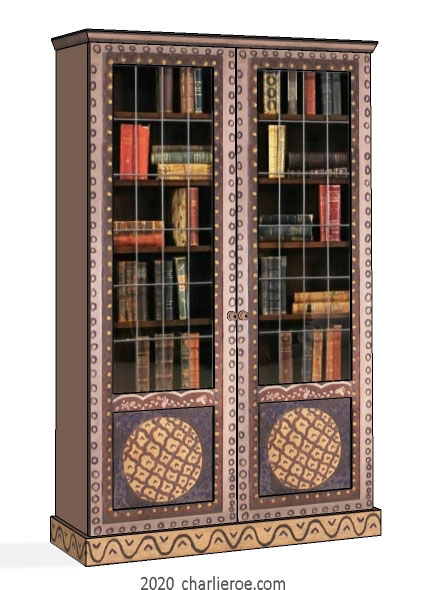 New Bloomsbury Group style painted 2 bay bookcase with decorative painting