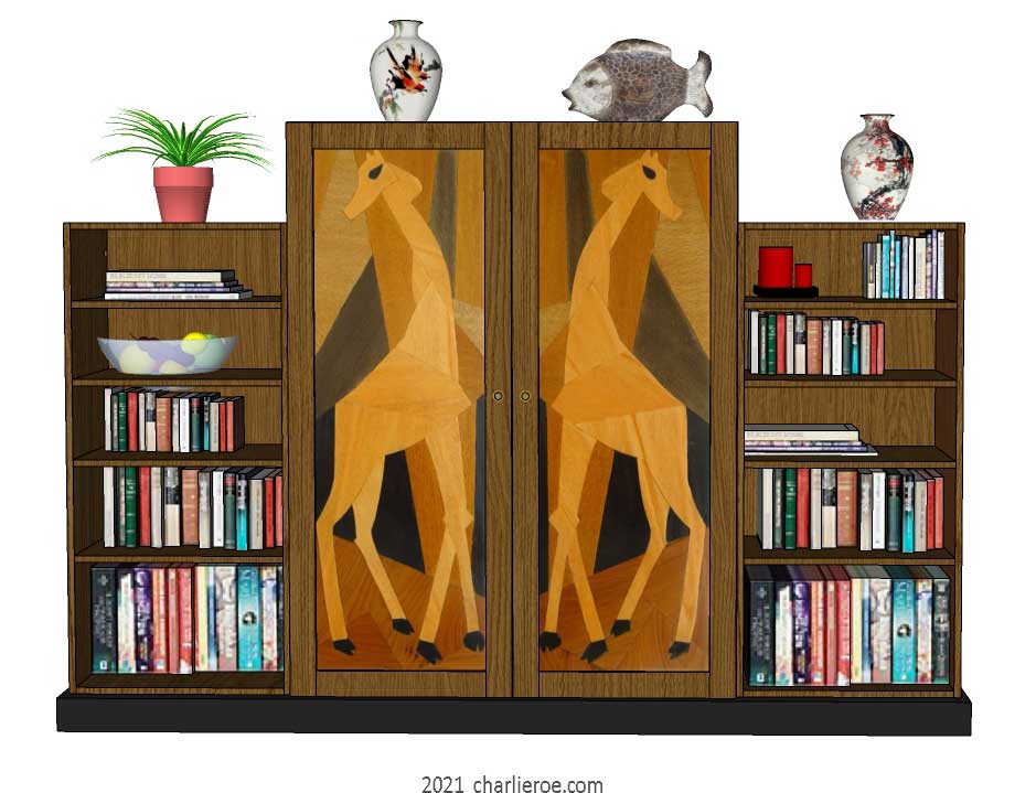 New Omega Workshops Bloomsbury Group marquetry wood veneer 4 bay bookcase or display shelf unit