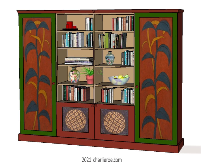 New Omega Workshops Bloomsbury Group painted 4 bay bookcase, display unit or media center unit