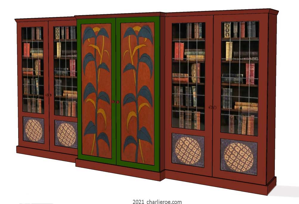 New Omega Workshops Bloomsbury Group painted 6 bay bookcase, display unit or media center unit