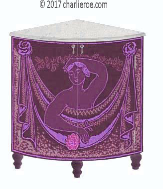 new Bloomsbury Group style painted quadrant corner cupboard on turned legs with woman and swag design on the doors
