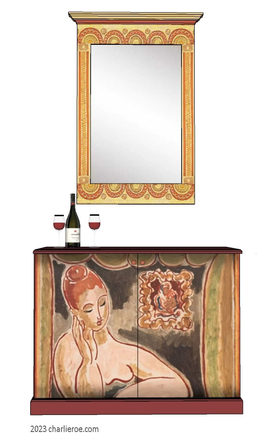 New Bloomsbury Group style decoratively hand painted 2 door sideboard cabinet with matching Bloomsbury Group stsyle wall mirror frame