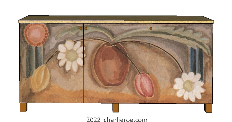 New Omega Workshops painted 3 door sideboard cabinet cupboard with hand painted vase of flowers design based on design by Vanessa for Omega c.1917