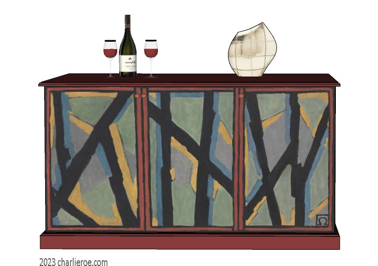 New Omega Workshops painted 3 door sideboard cabinet cupboard with hand painted Abstract design