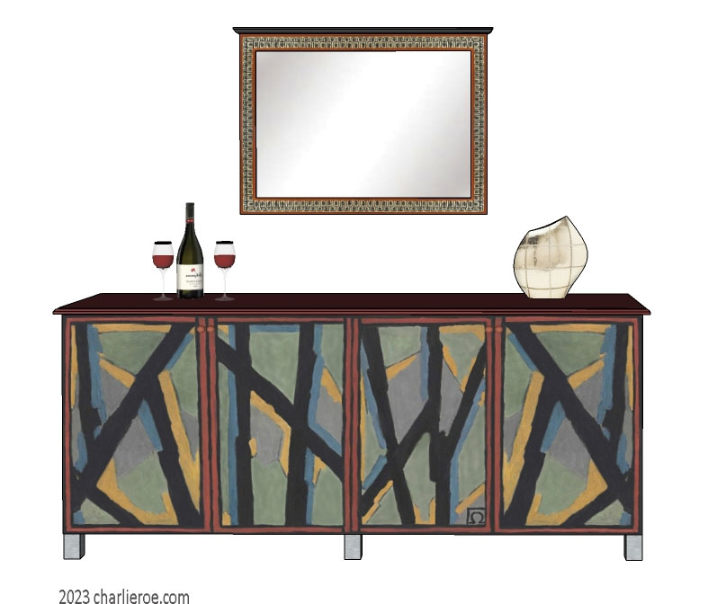 New Omega Workshops painted 4 door sideboard cabinet cupboard with hand painted Abstract design