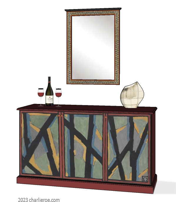New Omega Workshops painted 3 door sideboard cabinet cupboard with hand painted Abstract design