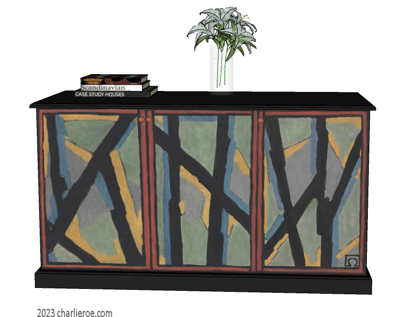 New Omega Workshops painted 3 door sideboard cabinet cupboard with hand painted Abstract design