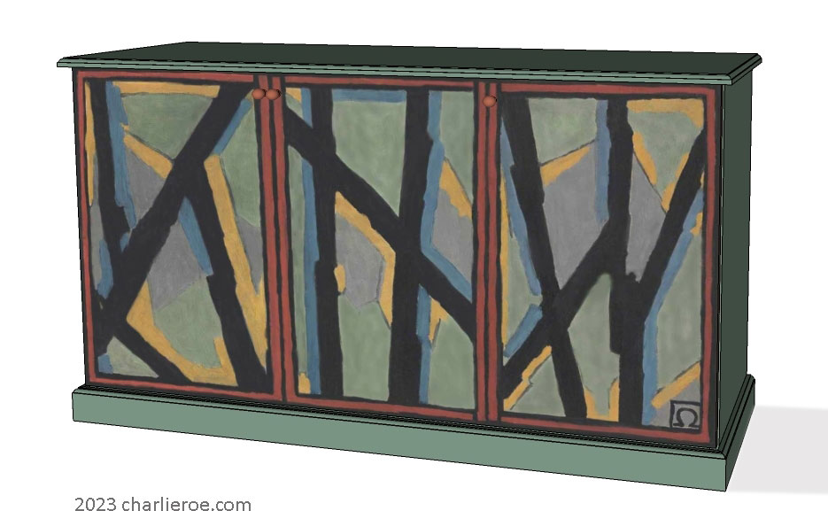 New Omega Workshops painted 3 door sideboard cabinet cupboard with hand painted Abstract design