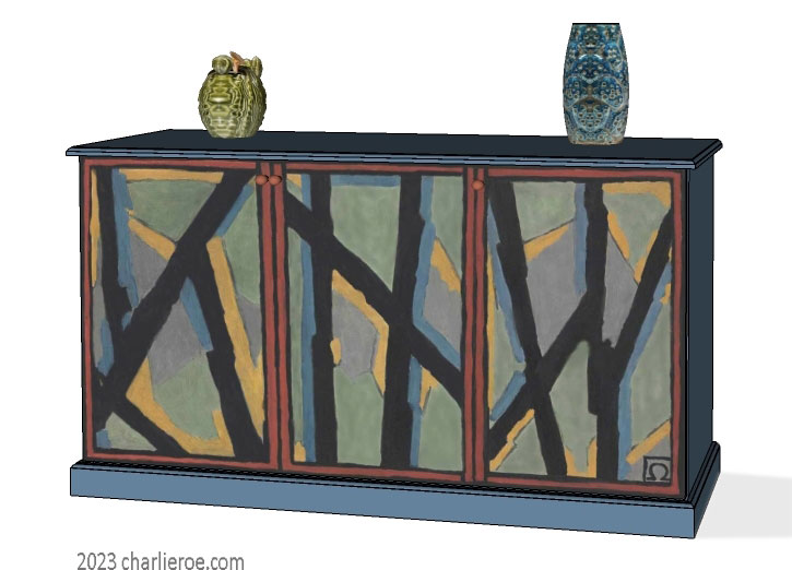 New Omega Workshops painted 3 door sideboard cabinet cupboard with hand painted Abstract design