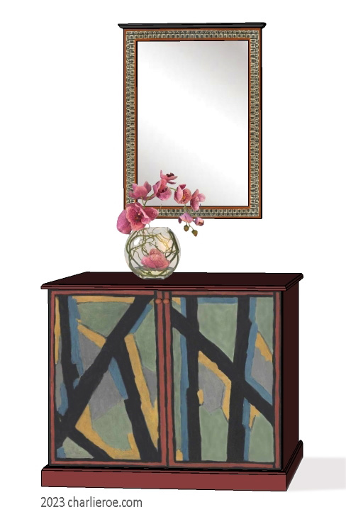 New Omega Workshops painted 3 door sideboard cabinet cupboard with hand painted Abstract design