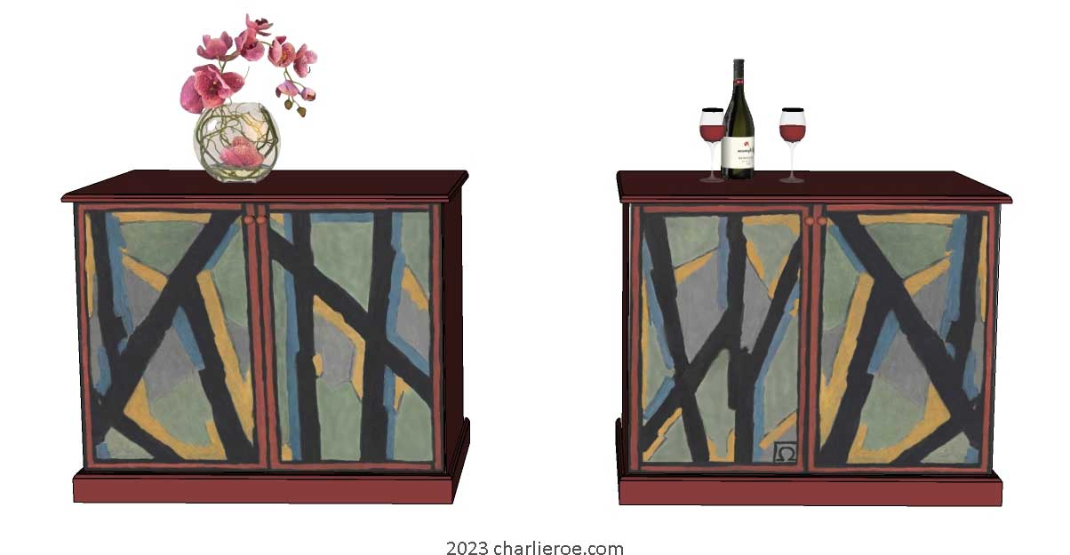 New Omega Workshops painted 3 door sideboard cabinet cupboard with hand painted Abstract design