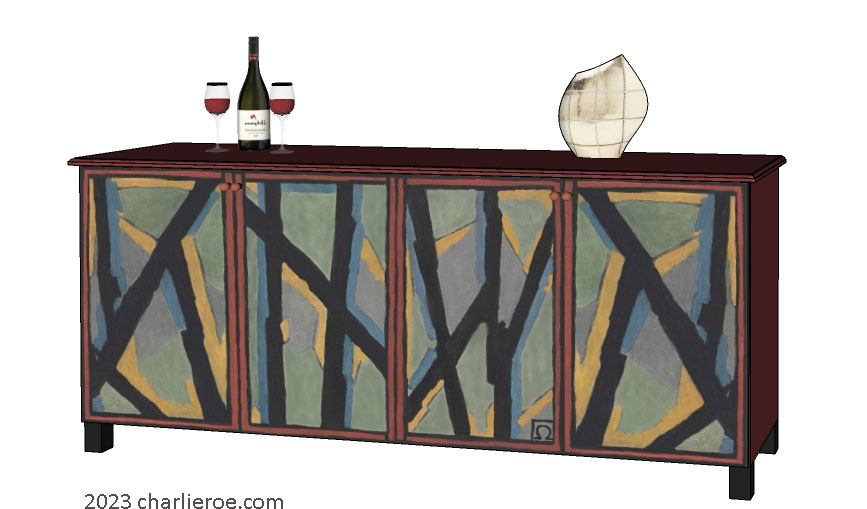 New Omega Workshops painted 3 door sideboard cabinet cupboard with hand painted Abstract design