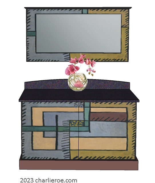 New Omega Workshops painted 2 door sideboard cabinet cupboard with hand painted Abstract design inspired by a design for a rug by Duncan for Omega