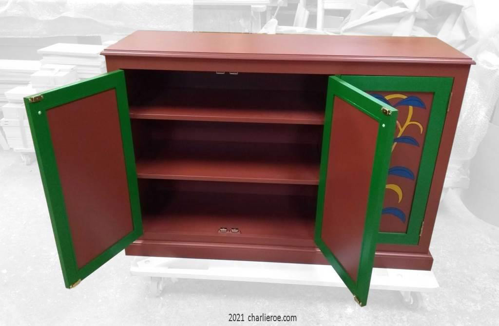 new Omega Workshops style painted 3 door sideboard with large foliage design, inspired by a cabinet for Mdme Vandervelde