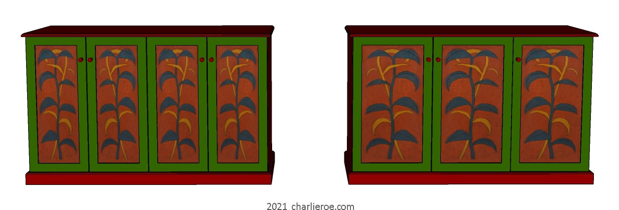 new Omega Workshops style painted 3 & 4 door sideboards with large foliage design
