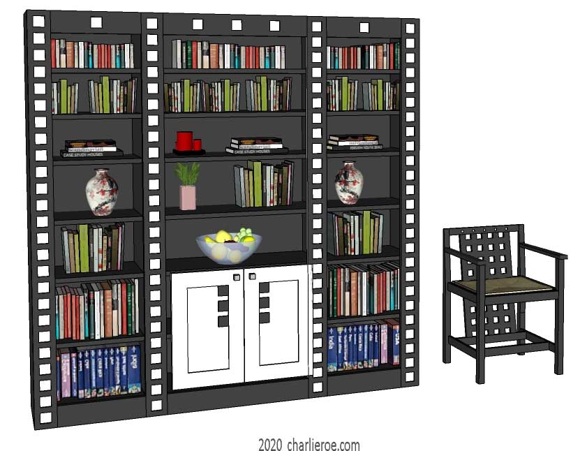 new CR Mackintosh black lacquered painted bookcase with white squares design detail