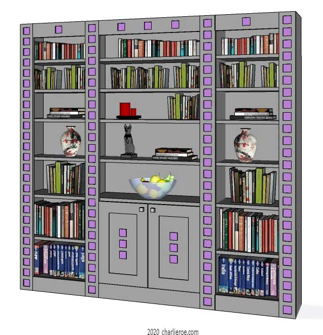 new CR Mackintosh grey lacquered painted bookcase with pink squares design detail