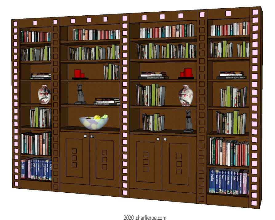 new CR Mackintosh brown stained bookcase with pink squares design detail