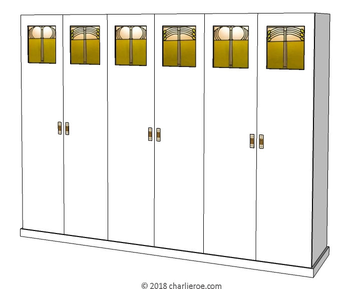 new CR Mackintosh white lacquered painted bedroom 4 door wardrobe with Hill House stencilled designs in the door panels