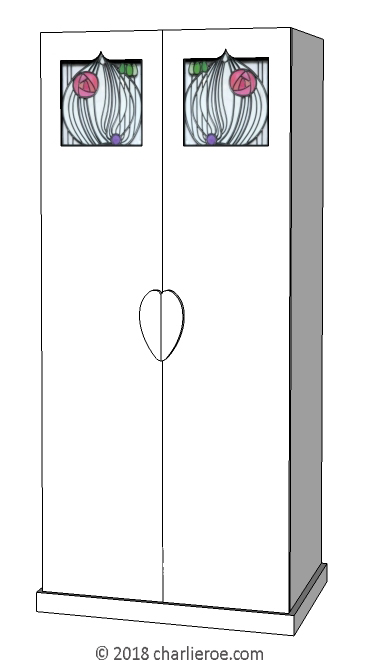new CR Mackintosh white lacquered painted bedroom 2 door wardrobe with House for an Lover stained leaded glass  in the door panels