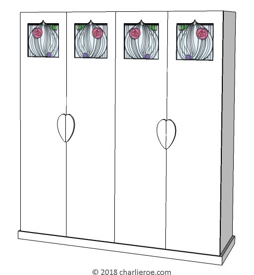 new CR Mackintosh white lacquered painted bedroom 4 door wardrobe with House for an Lover stained leaded glass  in the door panels