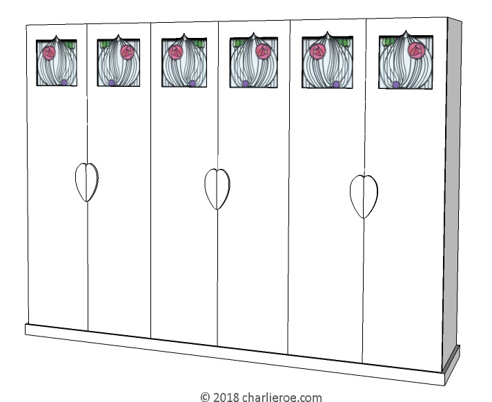 new CR Mackintosh white lacquered painted bedroom 6 door wardrobe with House for an Lover stained leaded glass  in the door panels