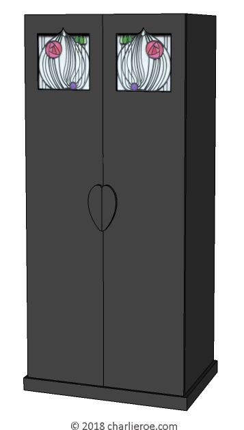 new CR Mackintosh black lacquered painted bedroom 2 door wardrobe with House for an Lover stained leaded glass  in the door panels