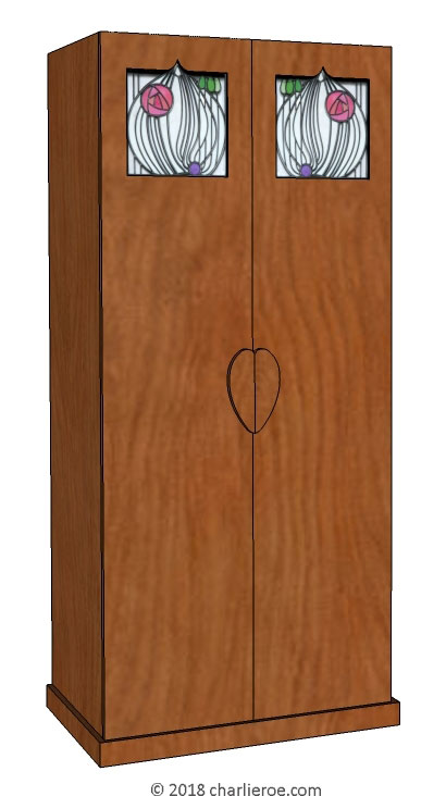 new CR Mackintosh wood veneered bedroom 2 door wardrobe with House for an Lover stained leaded glass  in the door panels