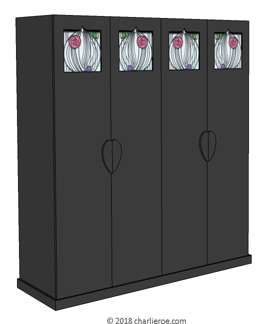 new CR Mackintosh black lacquered painted bedroom 4 door wardrobe with House for an Lover stained leaded glass  in the door panels