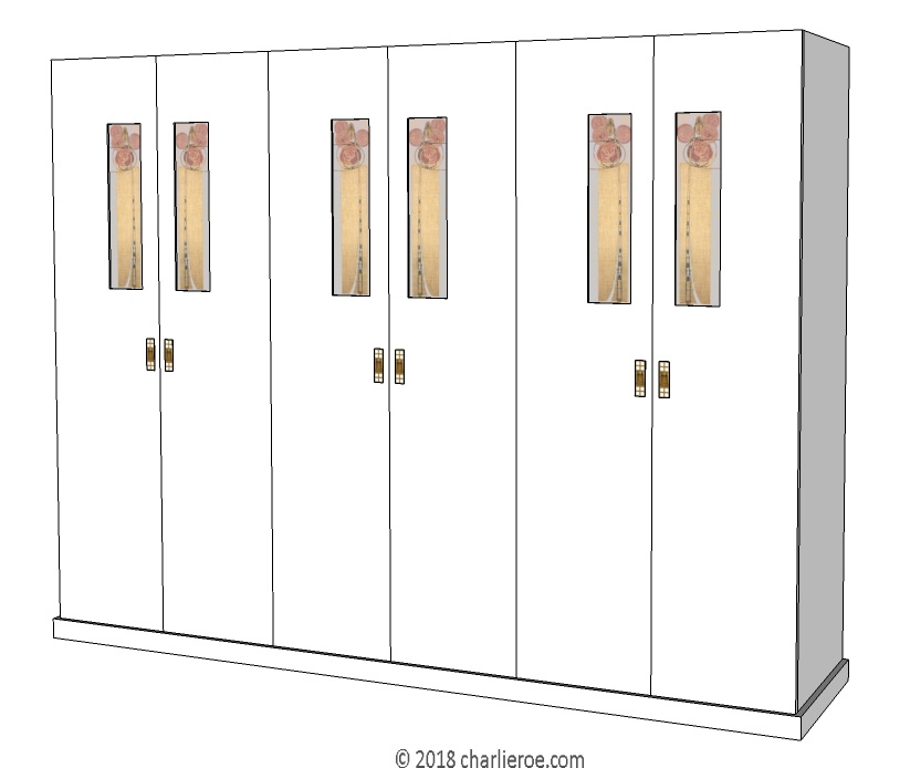 new CR Mackintosh white lacquered painted bedroom 6 door wardrobe with painted stencilled design in the door panels