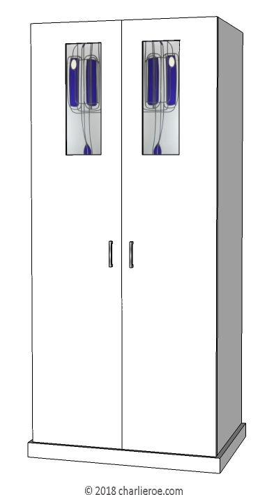 new CR Mackintosh white lacquered painted 2 door bedroom wardrobes with stained glass panels after the Room De Luxe at the Willow Tea Rooms