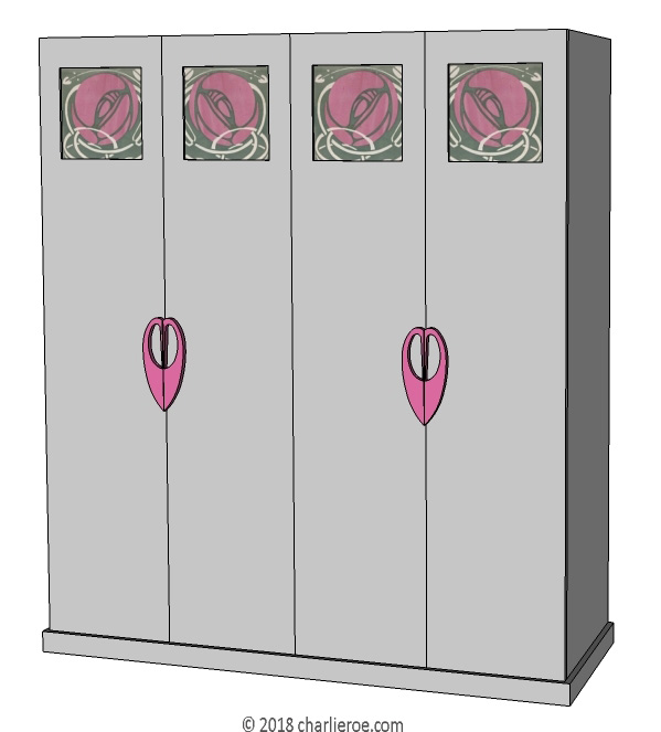 new CR Mackintosh silver grey lacquered 2 door painted bedroom wardrobes with stencilled roses door panels  and large pink heart handles