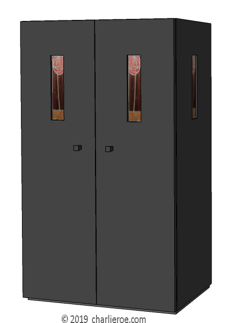 new CR Mackintosh black lacquered painted bedroom wardrobes with marquetry veneered panels in the doors & side panels