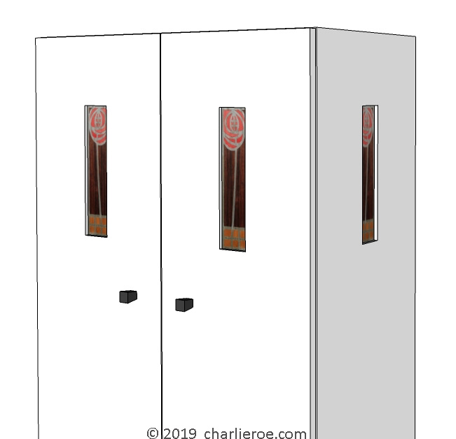 new CR Mackintosh white lacquered painted bedroom wardrobes with marquetry veneered panels in the doors & side panels