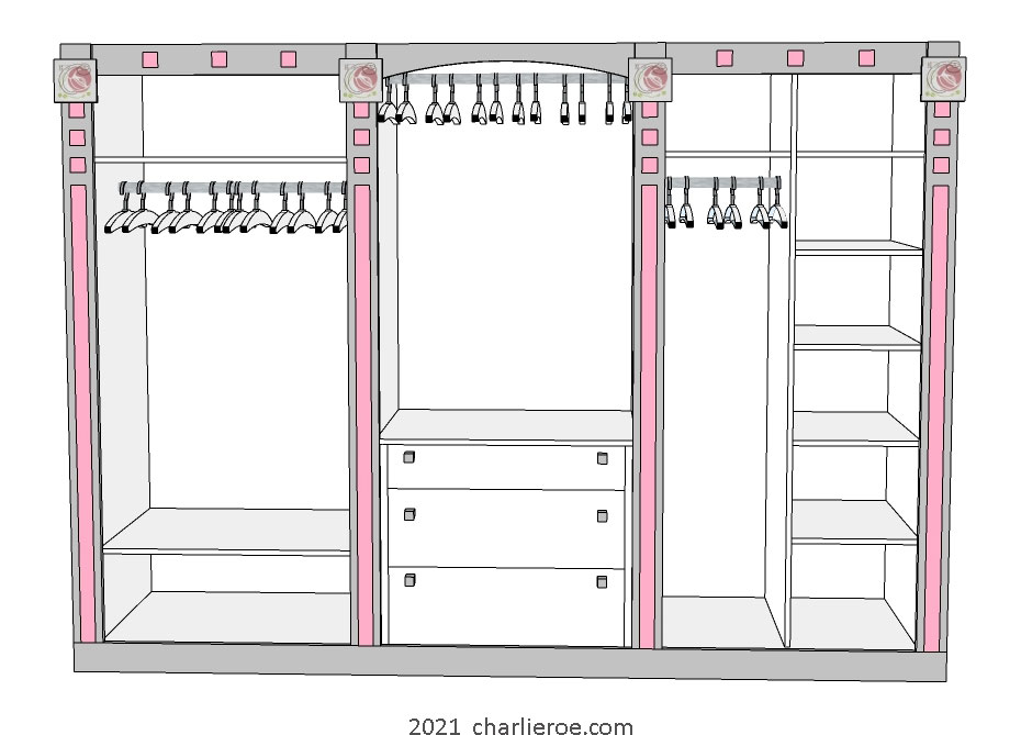 new CR Mackintosh grey & pink lacquered painted bedroom 3 bay walk-in closet wardrobe with stencilled squares at the top of the vertical rails