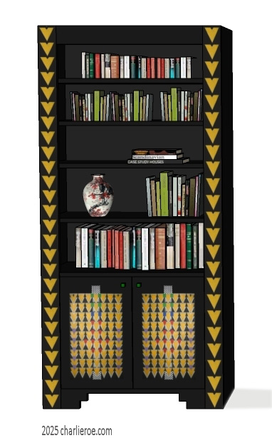 new CR Mackintosh Derngate style black painted 2 door bookcase display unit with painted Cubist patterns