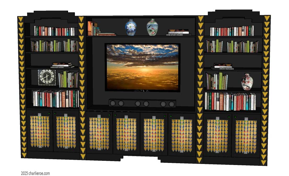 new CR Mackintosh Derngate style black painted 3 bay 7 door bookcase display unit or media center unit with painted Cubist patterns