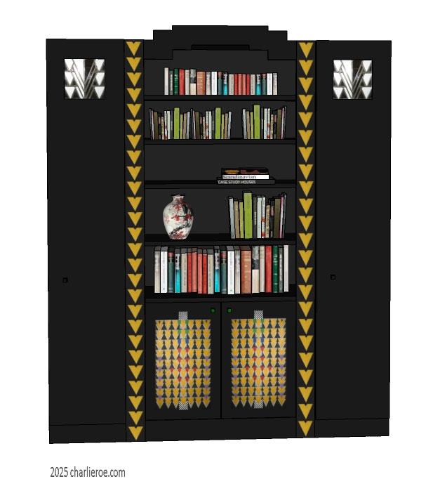 new CR Mackintosh Derngate style black painted bedroom 2 door wardrobe & bookcase display unit with painted Cubist patterns