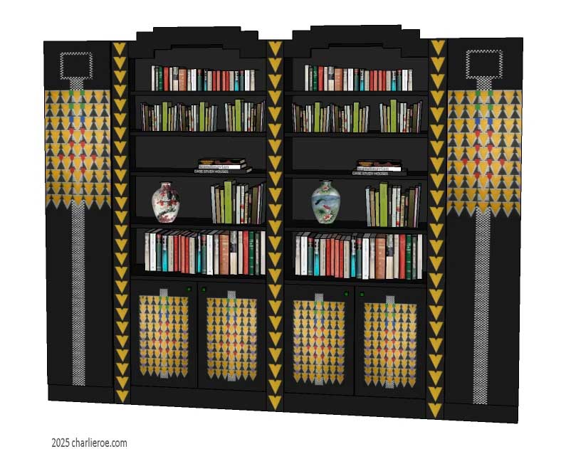 new CR Mackintosh Derngate style black painted bedroom 4 bay 2 door wardrobe with 2 bookcases display unitspainted Cubist patterns & stained glass door panels
