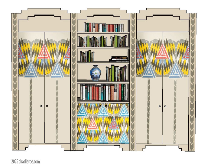new CR Mackintosh Derngate style painted bedroom 4 door double wardrobe  with middle display unit bookcase & with painted Cubist patterns