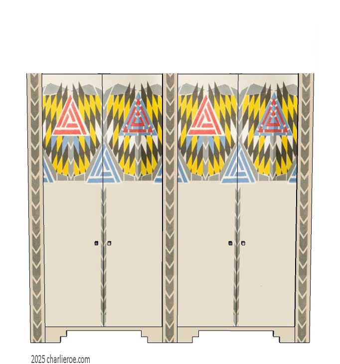 new CR Mackintosh Derngate style painted bedroom 4 door double wardrobe with painted Cubist patterns
